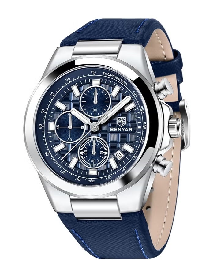 بينيار ساعات للرجال فاخرة الكوارتز مقاومة للماء ساعة الرجال كرونوغراف الجلد الأصلي حزام 5206BU - Image 2